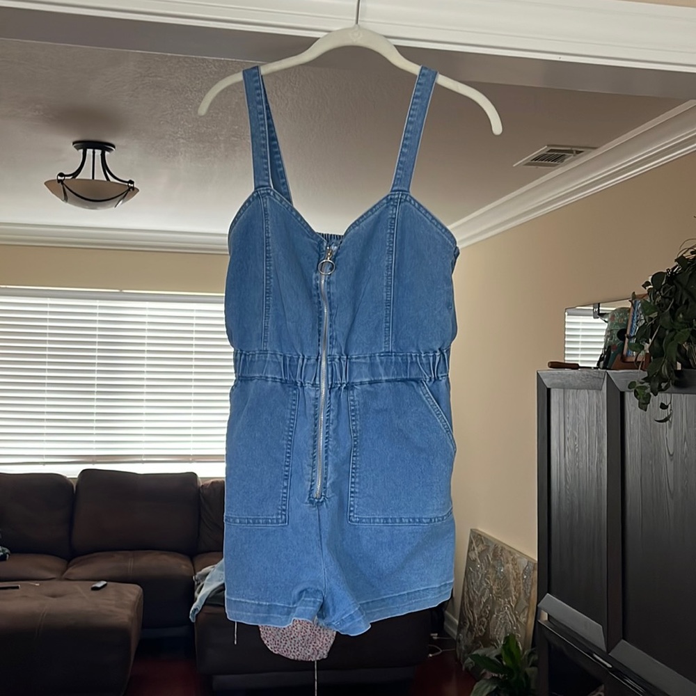 Jean short romper with front zipper